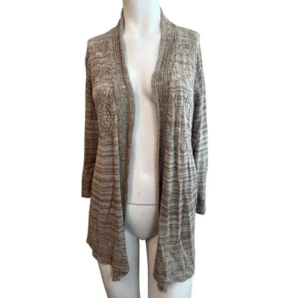 Laura Scott Ladies Large Open Front Long Cardigan Open Knit Sweater Taupe